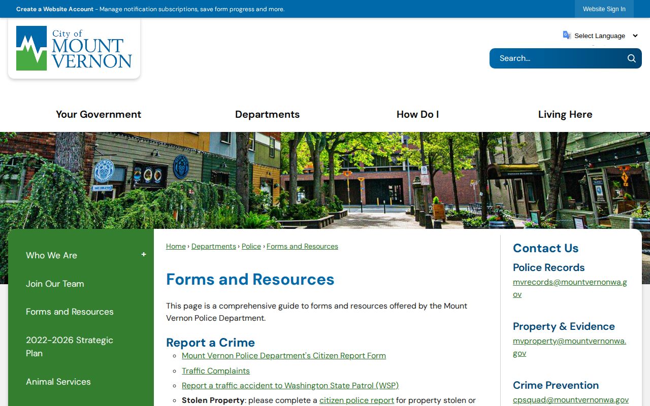 Mount Vernon Police Forms and Resources page with Police Public Records Center access